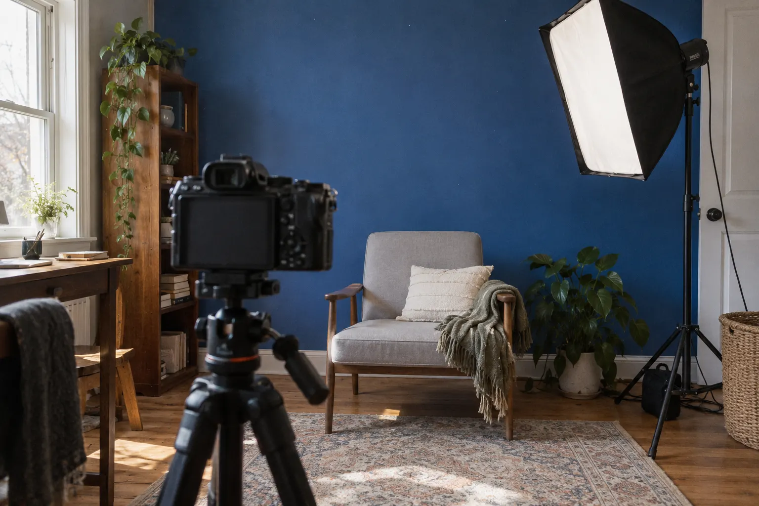 Una cámara sobre un trípode apunta a una silla vacía frente a una pared azul, con una luz de estudio al lado