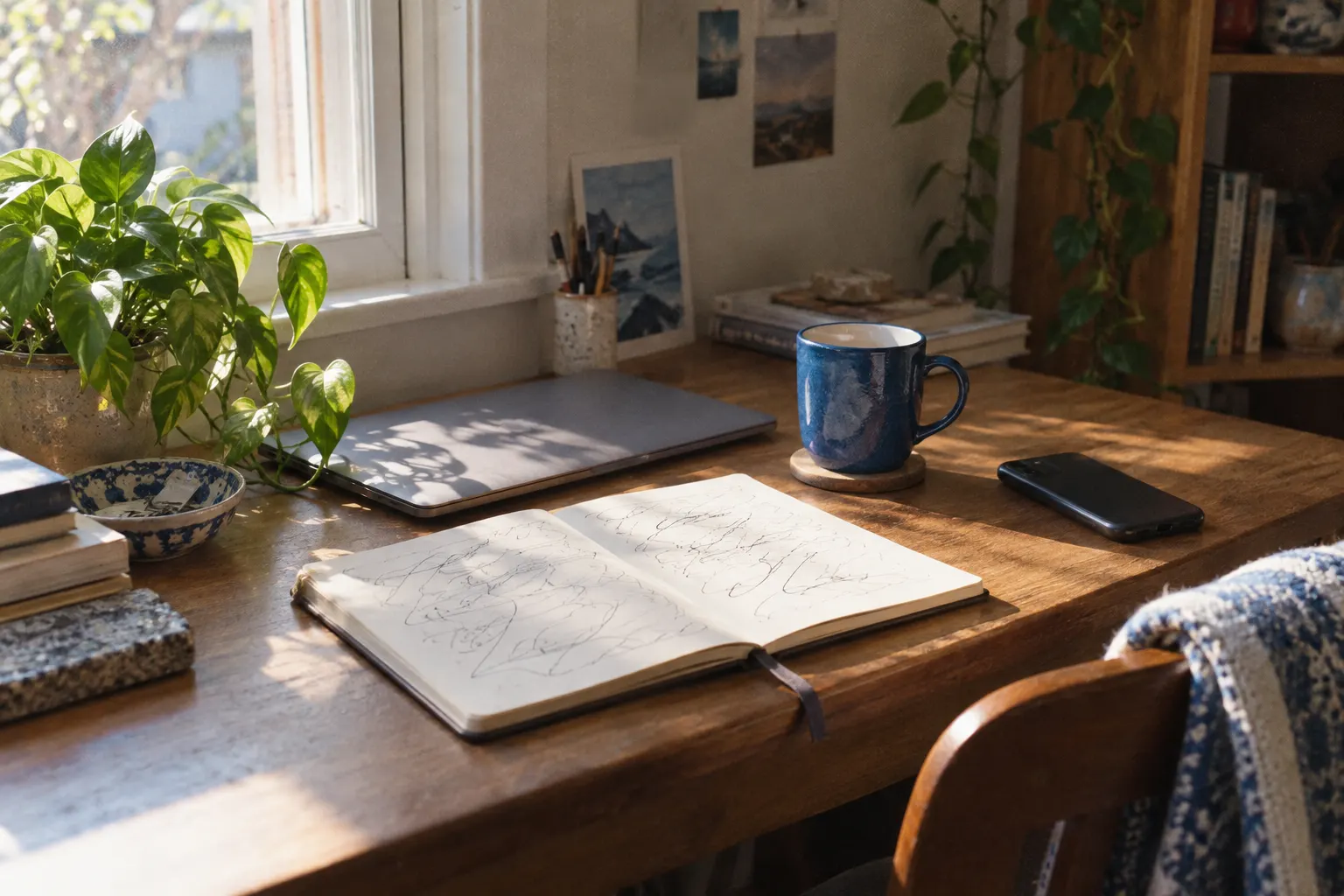Un escritorio junto a una ventana con un cuaderno abierto, un portátil cerrado y una taza azul