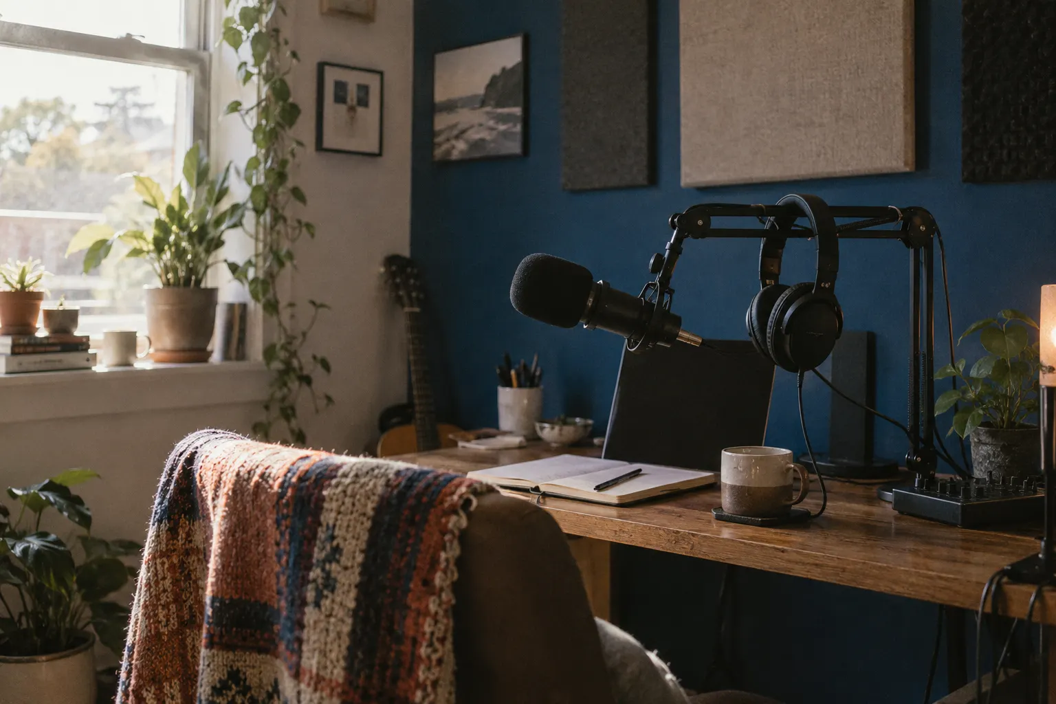 Un micrófono de pódcast en un brazo articulado, con auriculares y una pared azul detrás